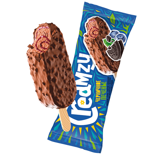 Сливочное мороженое с черничным наполнителем в молочном шоколаде с бисквитной крошкой "БРАУНИ"